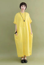 Load image into Gallery viewer, FantasyLinen Minimalism Summer Yellow Silk Linen Big Pocket Casual Loose Fitting Long Dresses