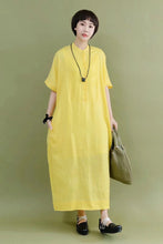 Load image into Gallery viewer, FantasyLinen Minimalism Summer Yellow Silk Linen Big Pocket Casual Loose Fitting Long Dresses