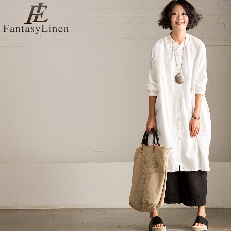 Art Casual Loose Big Size Long Linen Dress Shirt Women Tops C8923A S / White Art Casual Loose Big Size Long Linen Dress Shirt Women Tops C8923A S / White