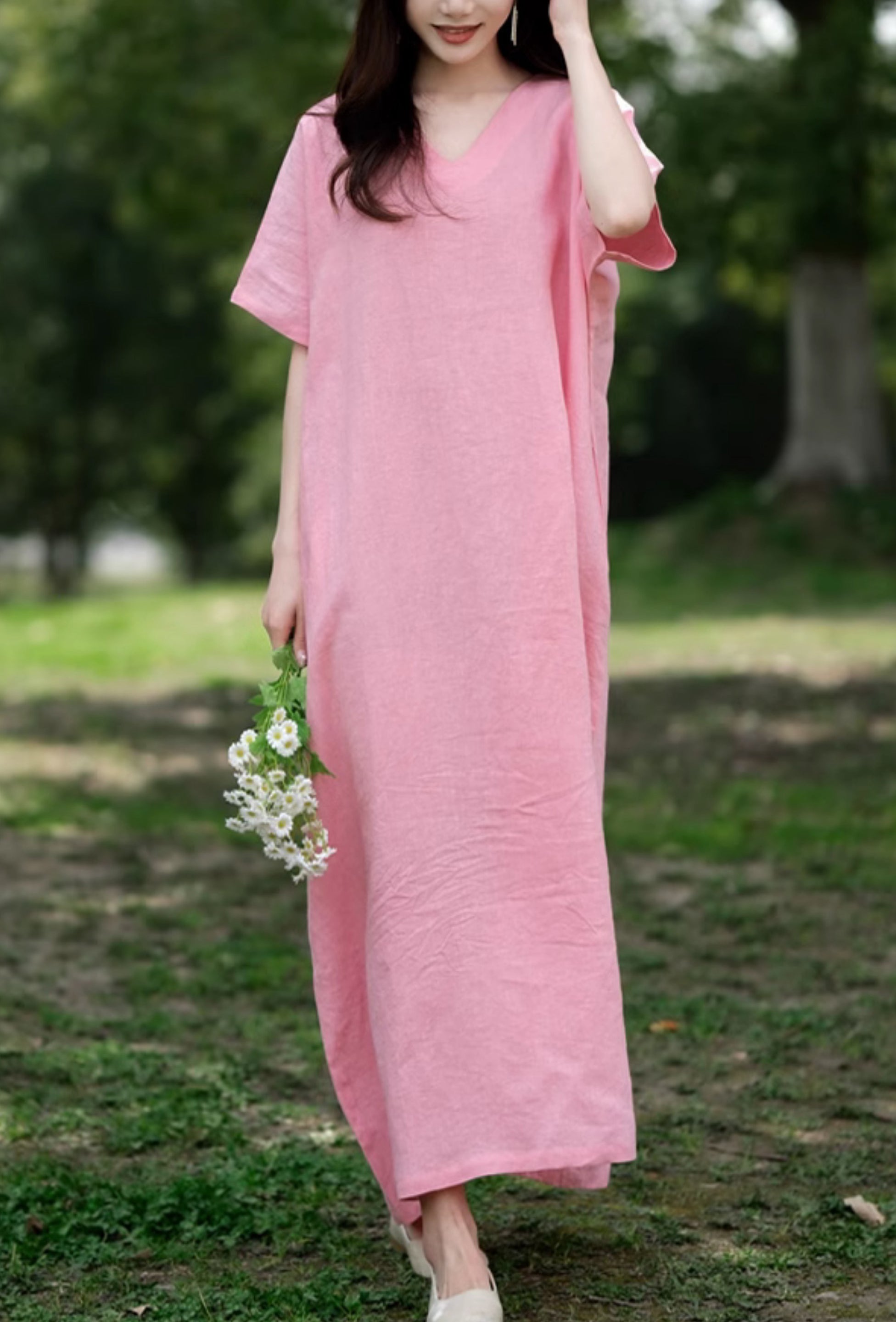 Leisure Natural Linen Comfy and Breathable with V-Neck Dress, Dresses for Women S Leisure Natural Linen Comfy and Breathable with V-Neck Dress, Dresses for Women S