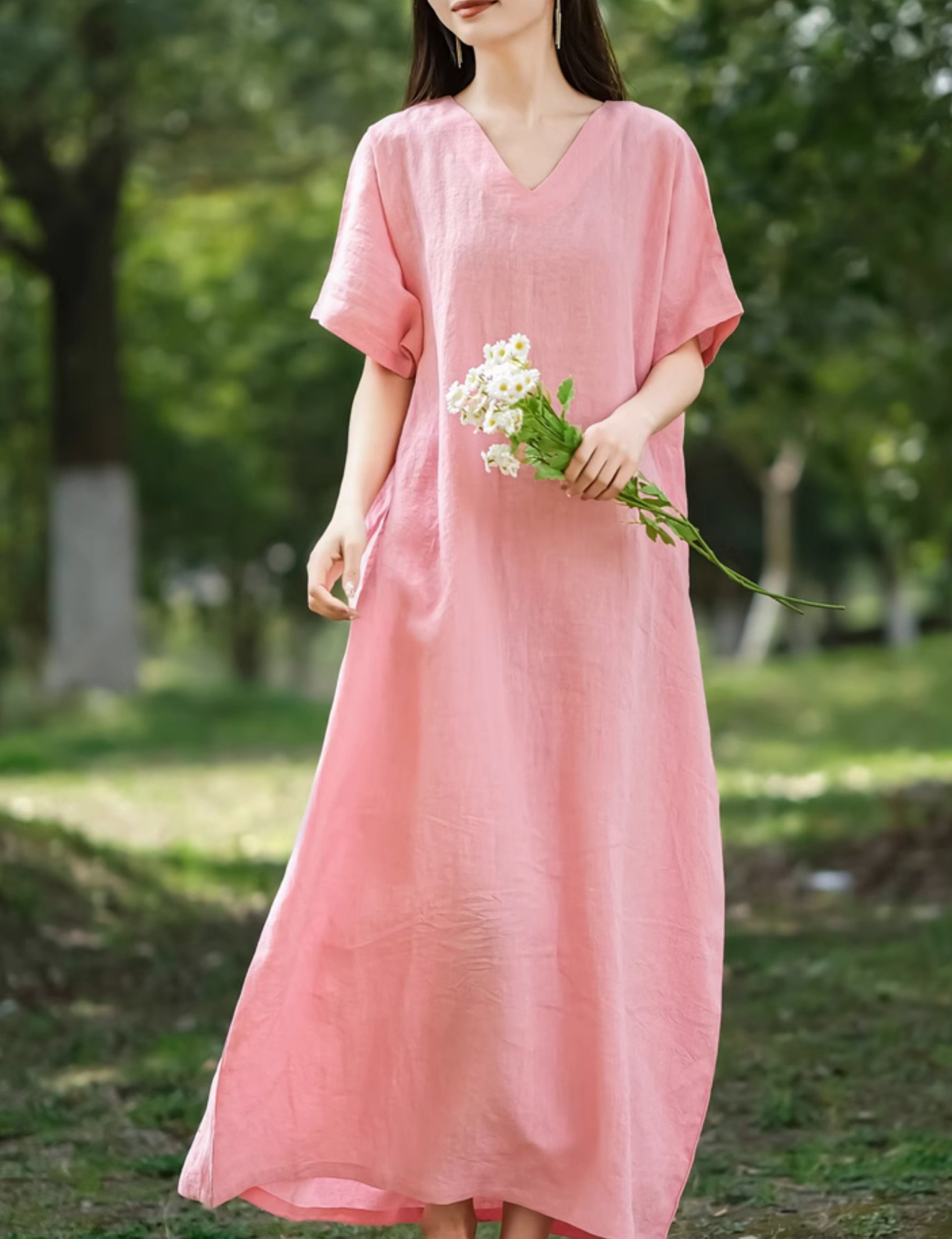 Leisure Natural Linen Comfy And Breathable With V-Neck Dress, Dresses For Women S Leisure Natural Linen Comfy And Breathable With V-Neck Dress, Dresses For Women S