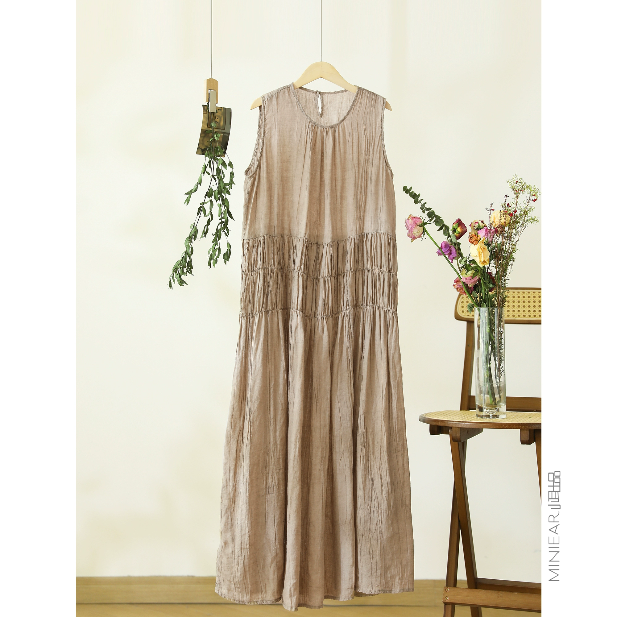 Women's Solid Color Crew Neck Short Sleeve Simple Casual Dress, Daily Wear Sundress Light brown