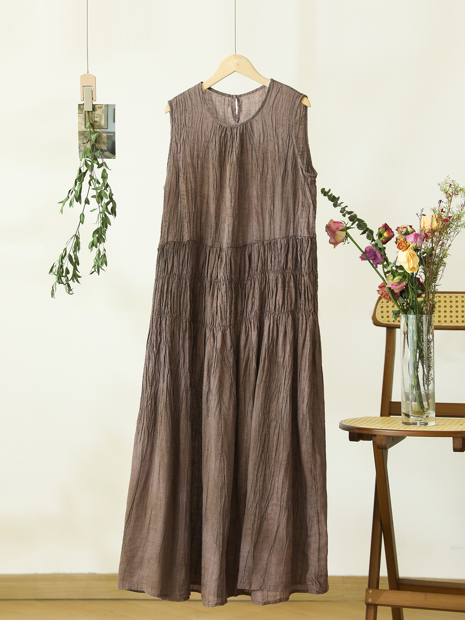 Women's Solid Color Crew Neck Short Sleeve Simple Casual Dress, Daily Wear Sundress Brown