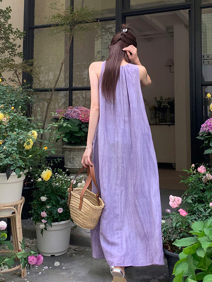 Women's Summer Solid Color Round Neck Sleeveless Long Casual Dress, Minimalist Maxi Dress Purple / XS