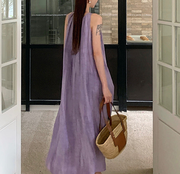Women's Summer Solid Color Round Neck Sleeveless Long Casual Dress, Minimalist Maxi Dress Purple / Xs Women's Summer Solid Color Round Neck Sleeveless Long Casual Dress, Minimalist Maxi Dress Purple / Xs
