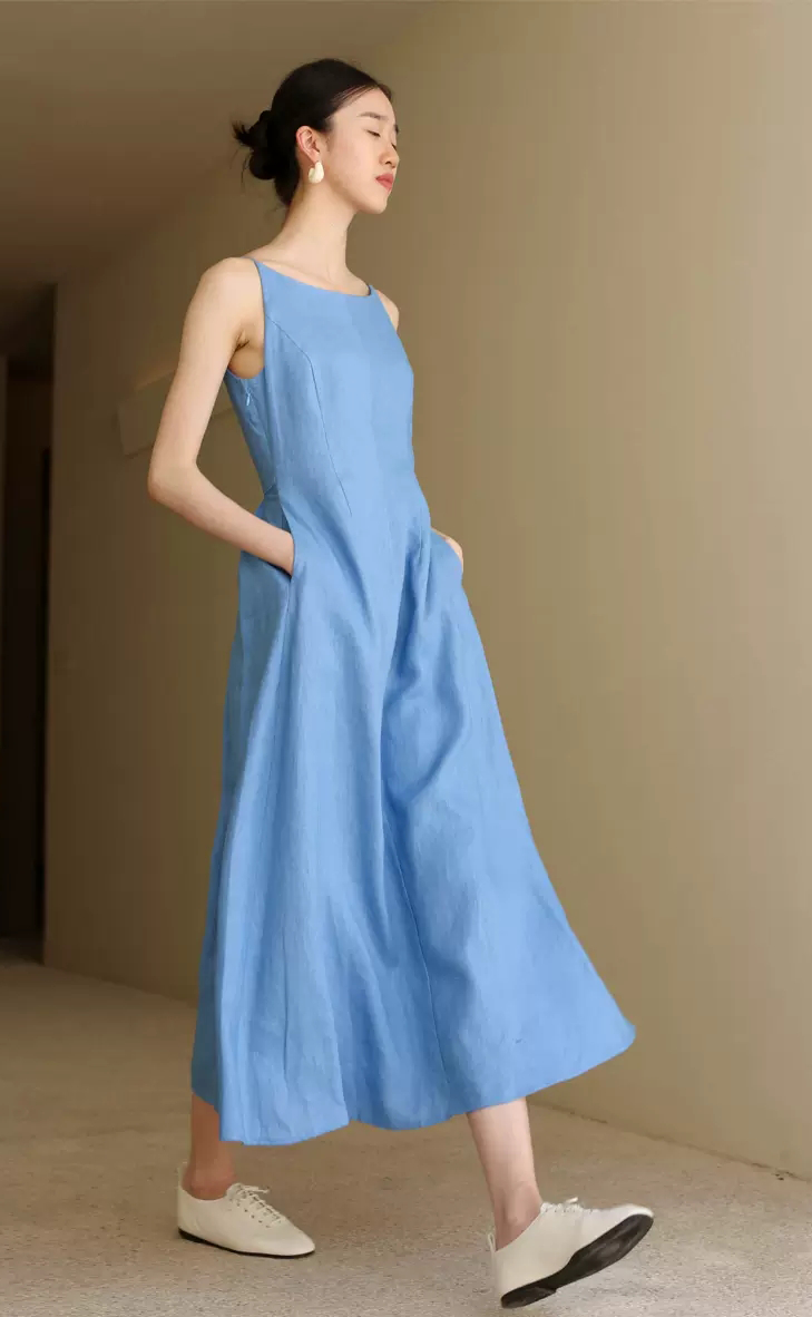 Ladies' Summer Solid Color Linen Vacation Shirt Style Casual Dress, Sleeveless Dress Blue / M Ladies' Summer Solid Color Linen Vacation Shirt Style Casual Dress, Sleeveless Dress Blue / M