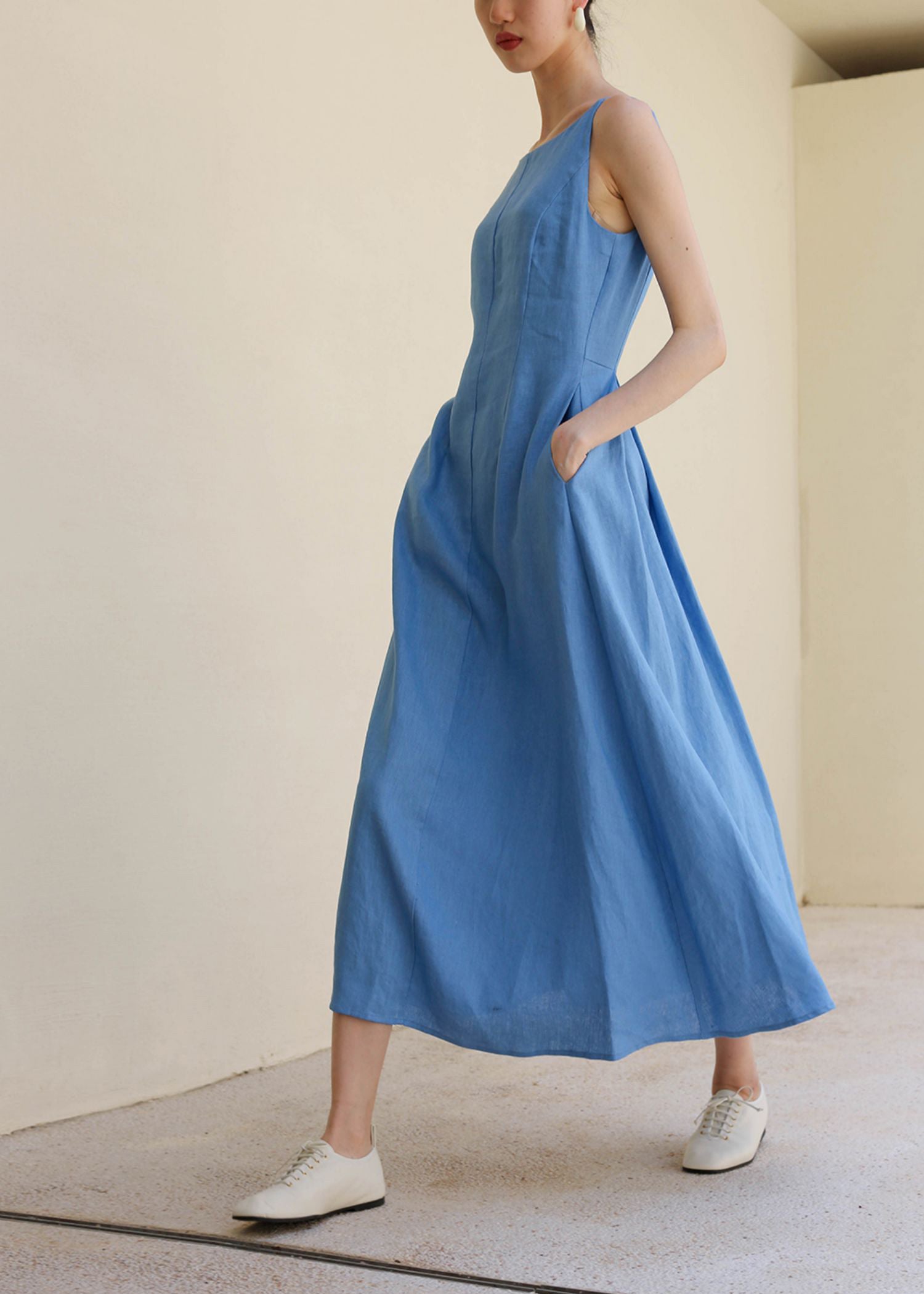 Ladies' Summer Solid Color Linen Vacation Shirt Style Casual Dress, Sleeveless Dress Blue / M