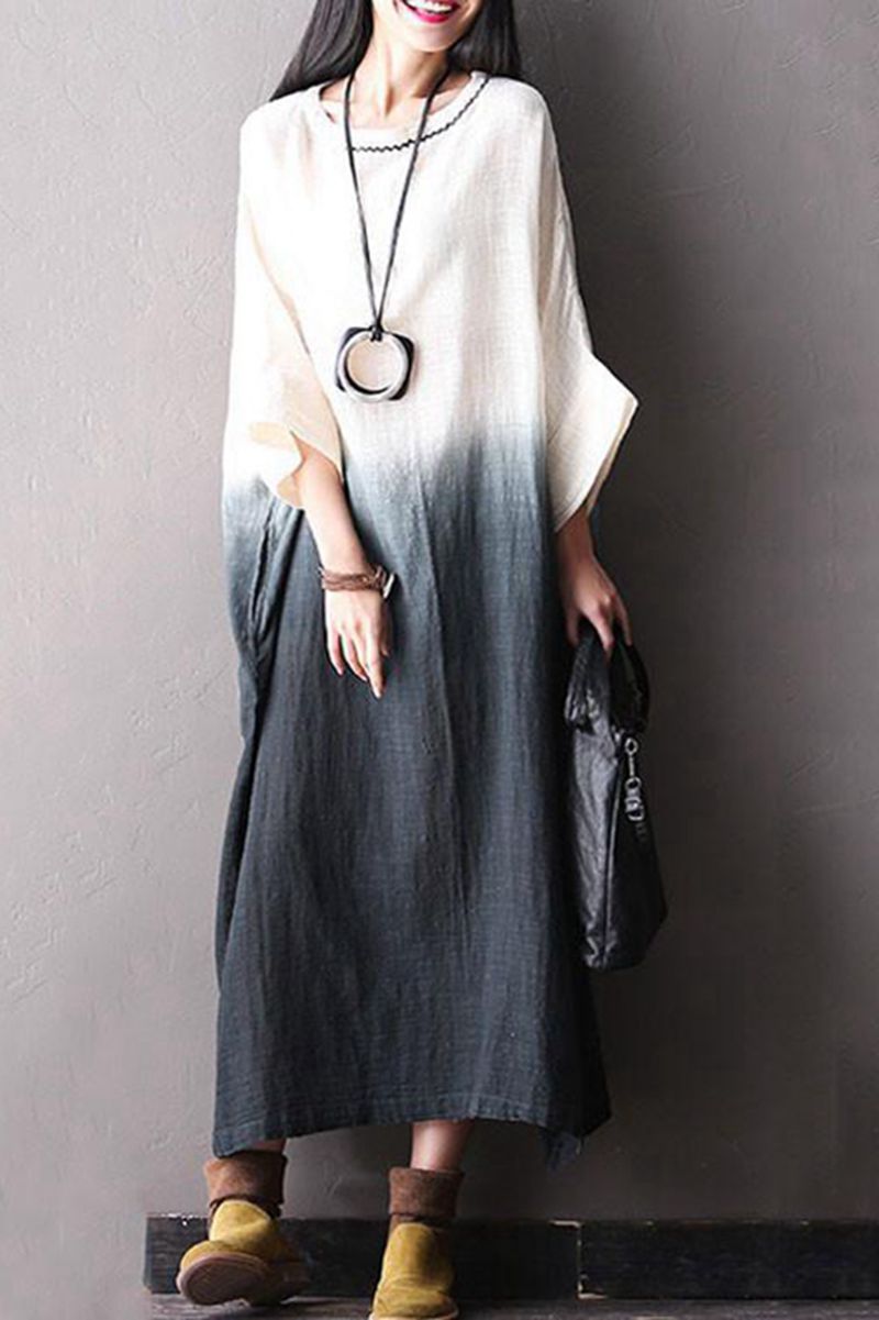Plus Size Bat Sleeve Cotton Linen Loose Casual Fitting Long Dresses For  Women