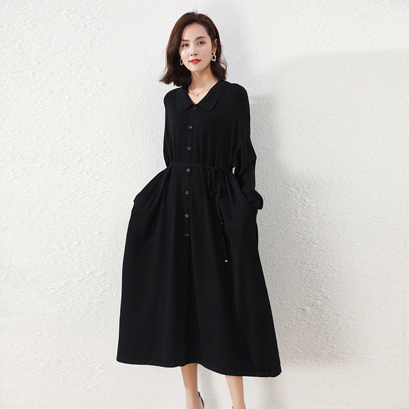 chinese dress ladies Winter Long Sleeve Dress, Wool Dresses for Women, Causal Long Button Up Dress M / Black