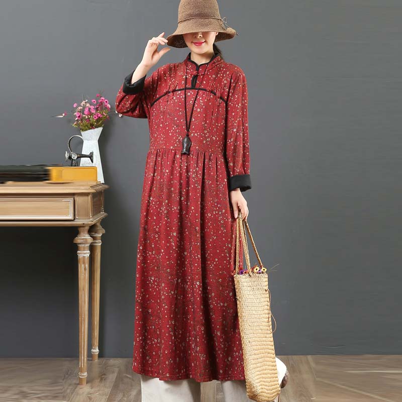 fitted lace wedding dress Women's Warm Loose Retro Floral Dress– FantasyLinen