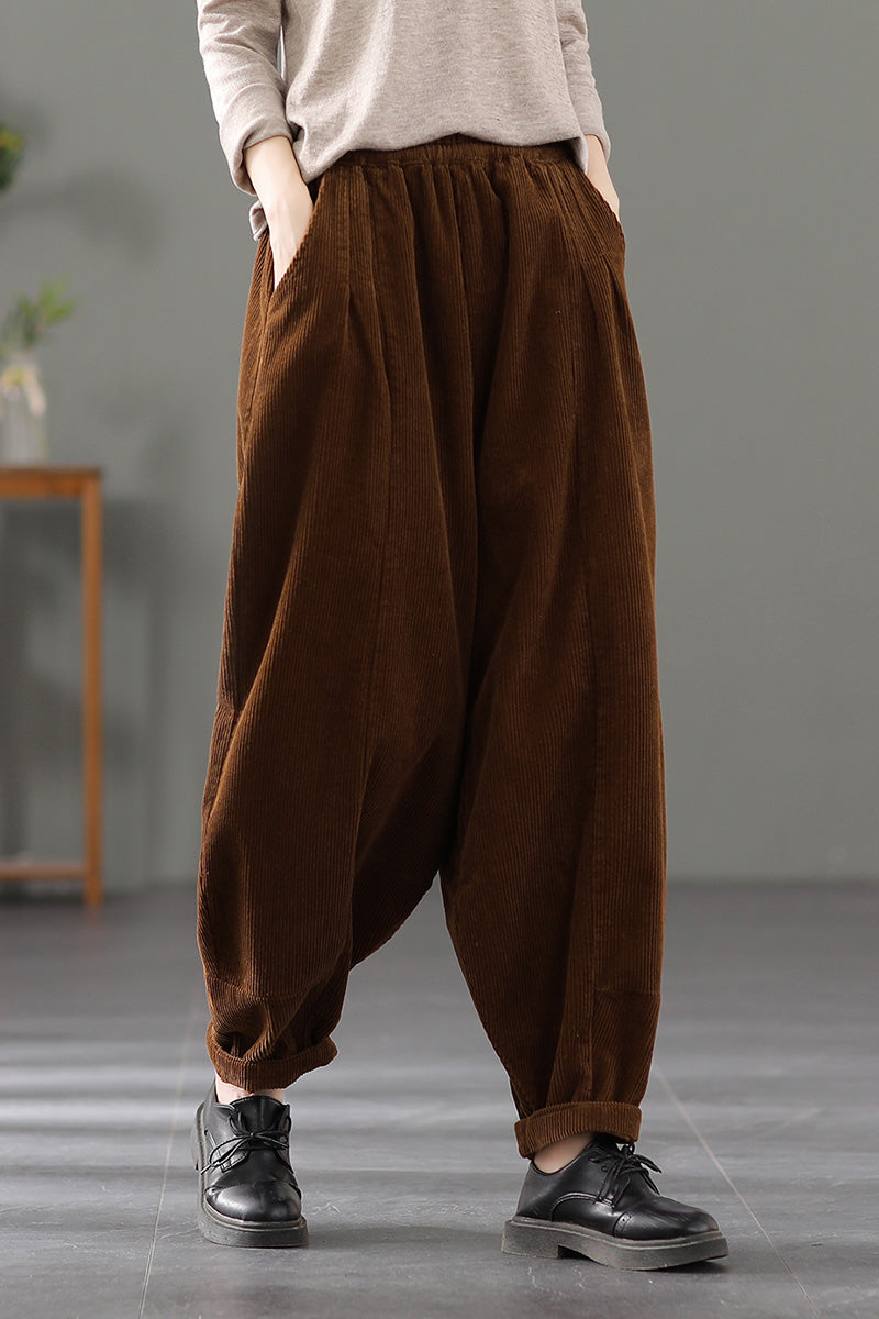 Casual Corduroy Harem Pants, Women Elastic Waist Trousers, Baggy 