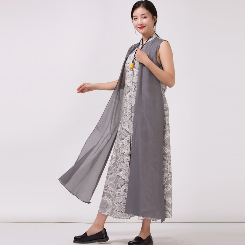 Women's Linen Printed Sleeveless Dress