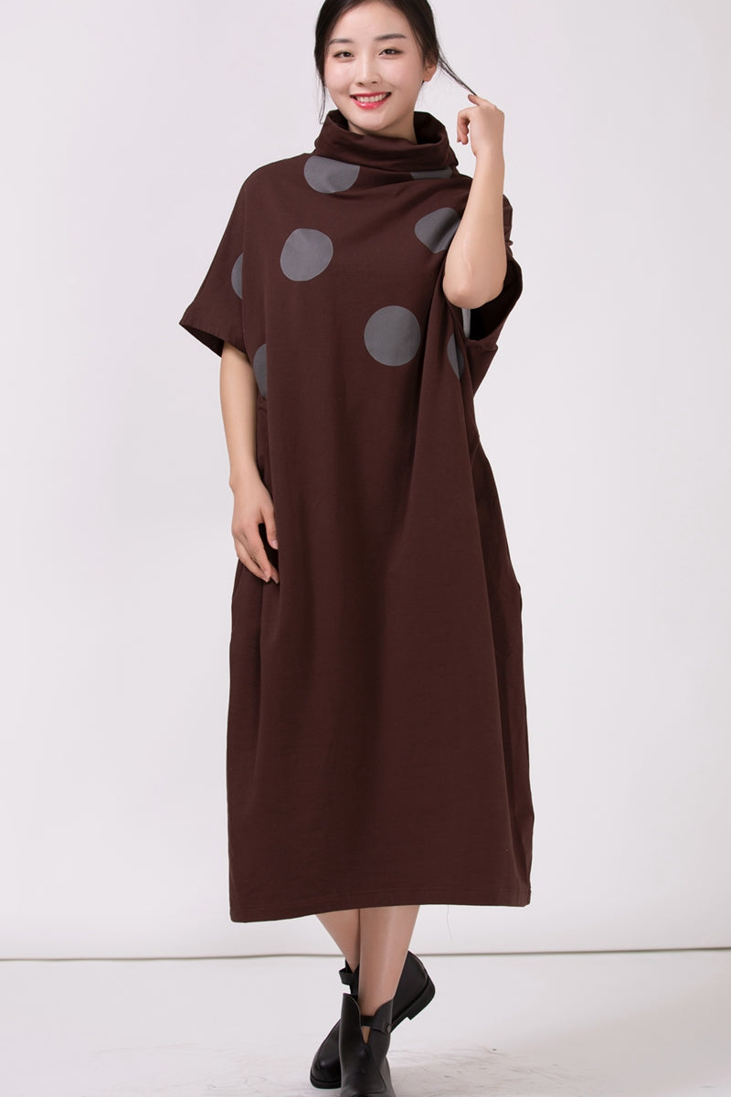 fitted lace wedding dress Women Turtleneck Polka Dots Casual Loose Dress– FantasyLinen