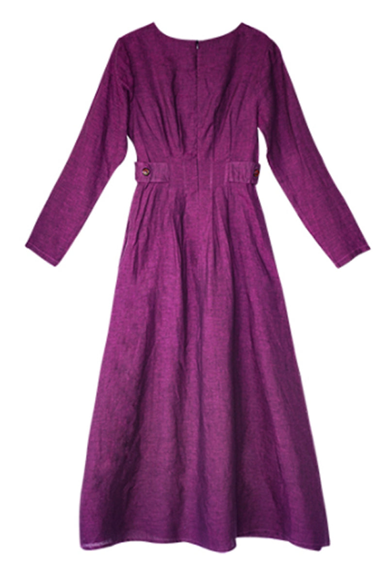 chinese dress ladies Women's Simple Linen Purple Collect Waist Maxi Dress– FantasyLinen