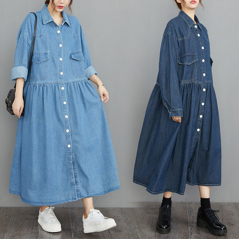 Casual Plus Size Dresses, Denim Long Dress, Casual Shirt Dress XL / Navy Blue