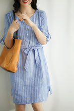 Load image into Gallery viewer, Linen Summer Dresses Blue White Stripe Clothing For Women