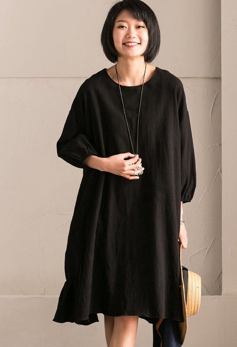 Black Korean Style Cotton Linen Falbala Bat Sleeve Round Neck Loose Women Clothes Q8300B S / Black