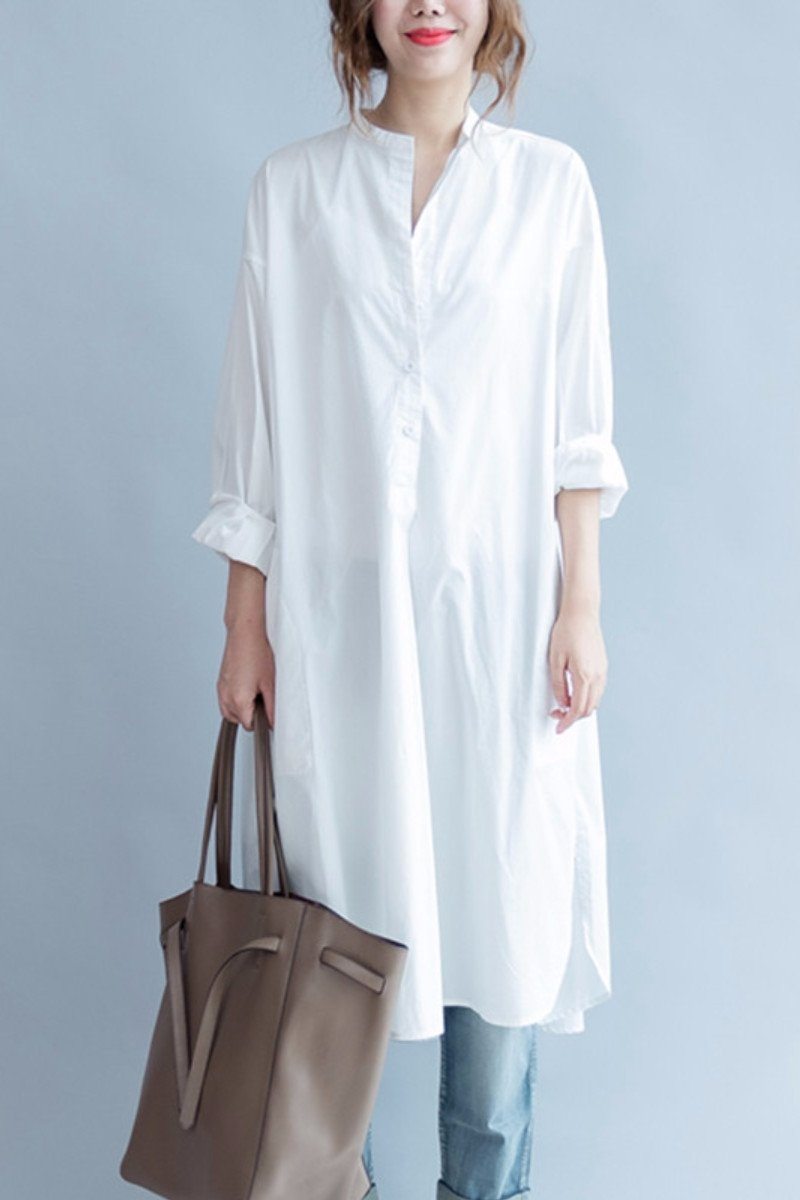 White Fashion Pure Color Cotton Long Shirt Dresses Q3101A L