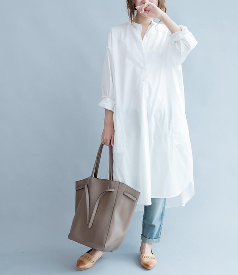 White Fashion Pure Color Cotton Long Shirt Dresses Q3101A L