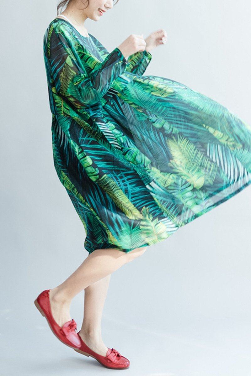 Green Palm Leaves Long Sleeve Chiffon Dresses Maxi Dresses Oversize–  FantasyLinen
