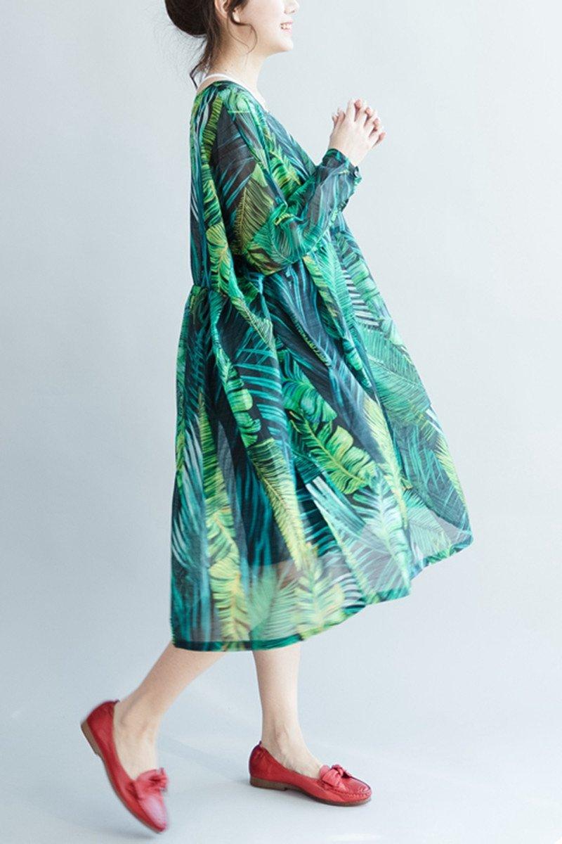 Green Palm Leaves Long Sleeve Chiffon Dresses Maxi Dresses Oversize Green Palm Leaves Long Sleeve Chiffon Dresses Maxi Dresses Oversize