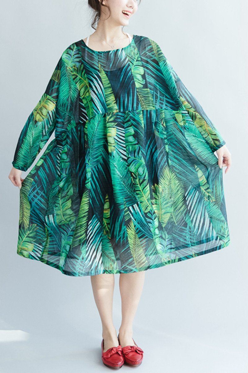 green emerald velvet dress Green Palm Leaves Long Sleeve Chiffon Dresses Maxi Dresses Oversize–  FantasyLinen