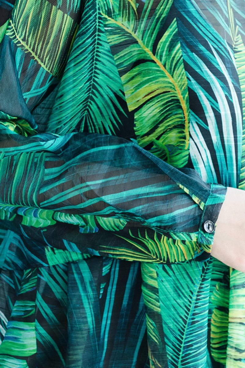 Green Palm Leaves Long Sleeve Chiffon Dresses Maxi Dresses Oversize Green Palm Leaves Long Sleeve Chiffon Dresses Maxi Dresses Oversize