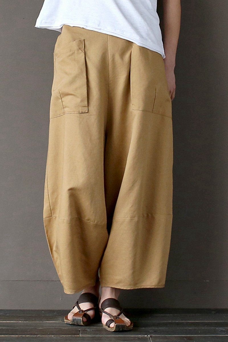 Khaki Loose Cotton Linen Casual Ankle Length Pants Women Clothes P1203–  FantasyLinen