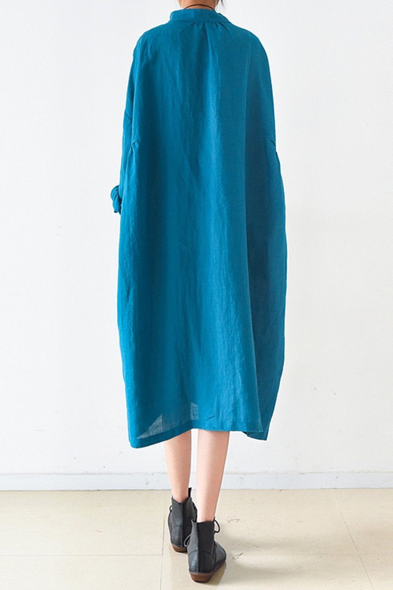 long sleeve loose fitting dress Blue Women Loose Fitting Gown Single Breasted Large Size Maxi Dress Long Shirt Dress Q0805 M / Blue
