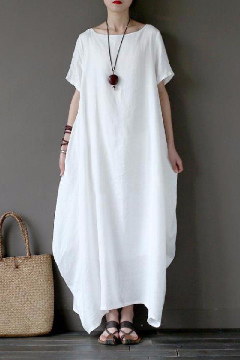 White Casual Linen Plus Size Summer Maxi Dresses 1640 XL / White White Casual Linen Plus Size Summer Maxi Dresses 1640 XL / White