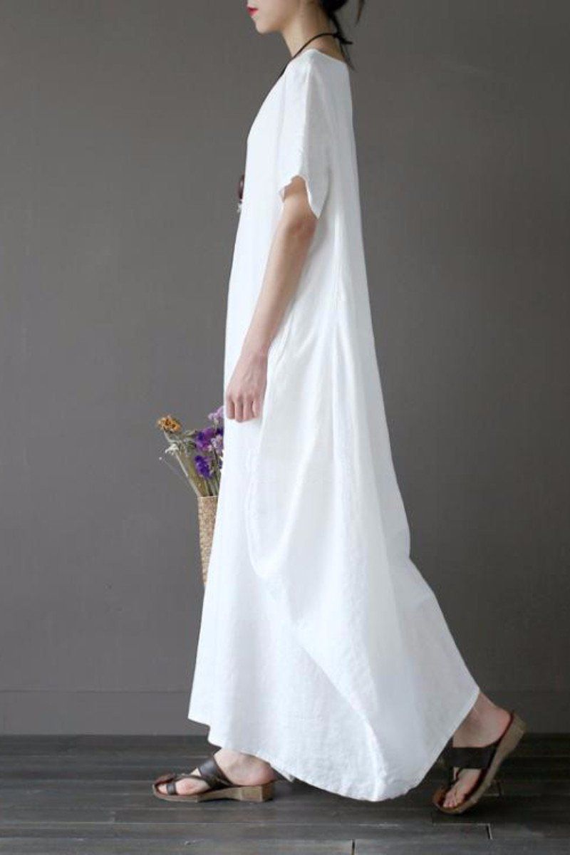 White Casual Linen Plus Size Summer Maxi Dresses 1640 XL / White White Casual Linen Plus Size Summer Maxi Dresses 1640 XL / White
