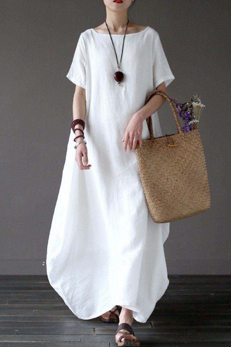 White Casual Linen Plus Size Summer Maxi Dresses 1640 XL / White White Casual Linen Plus Size Summer Maxi Dresses 1640 XL / White