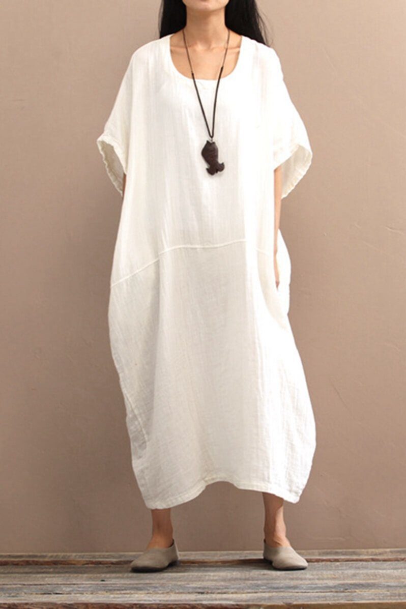 White Casual Linen Plus Size Summer Maxi Dresses 1640 XL / White
