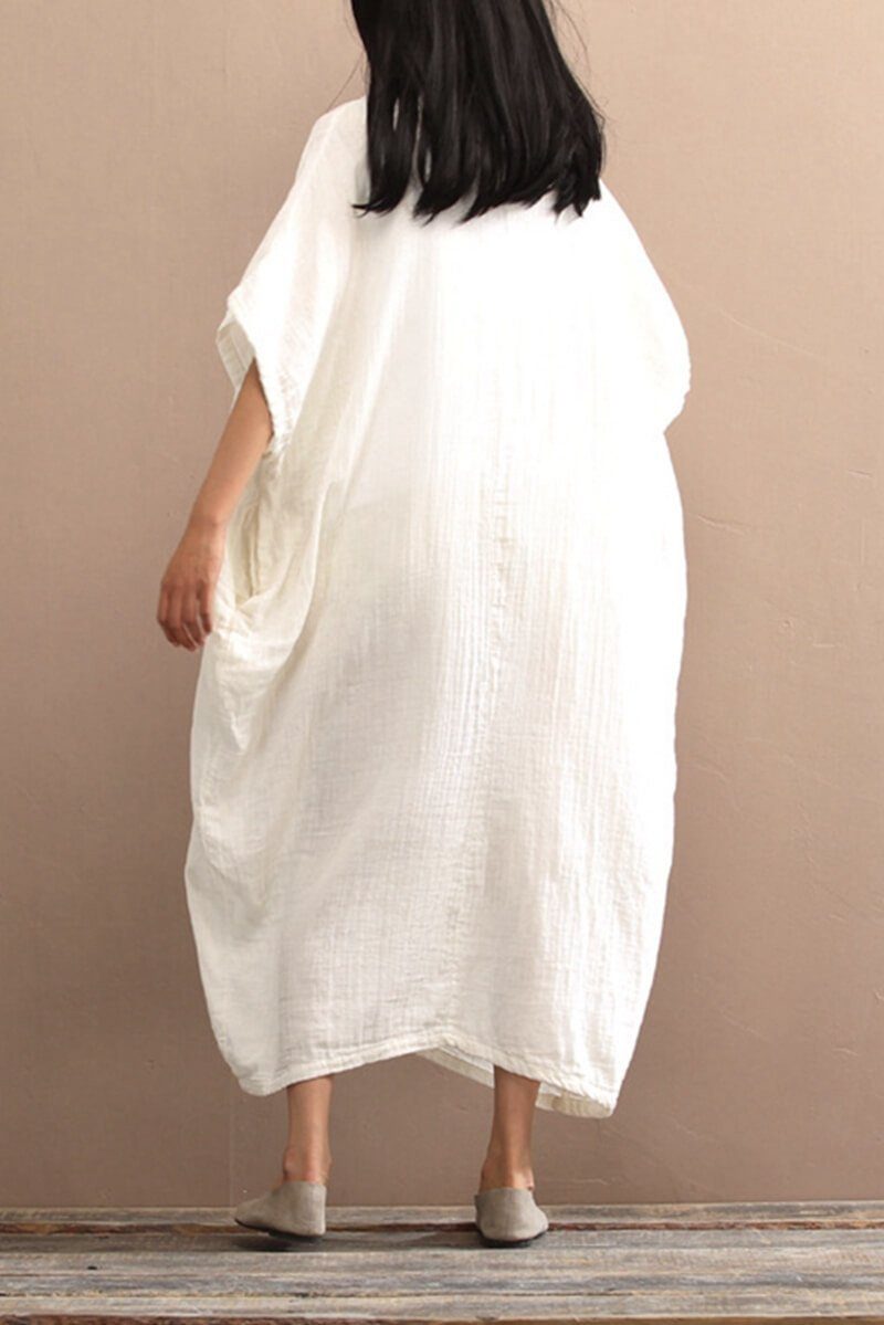 white linen dress plus size White Casual Linen Plus Size Summer Maxi Dresses 1640 XL / White