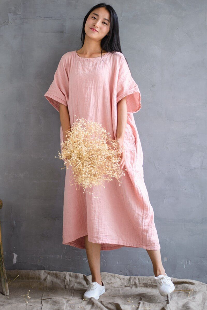 cotton loose dress Cotton Loose Plus Size Long Dress Women Dress L / Red