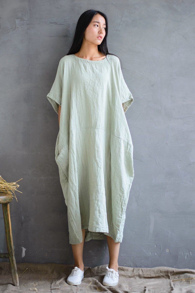 Cotton Loose Plus Size Long Dress Women Dress S / Green Cotton Loose Plus Size Long Dress Women Dress S / Green