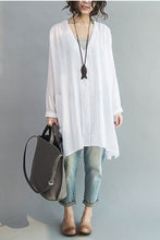 Load image into Gallery viewer, Art Casual Loose Long V-neck Cotton Shirt Women Clothes - FantasyLinen
