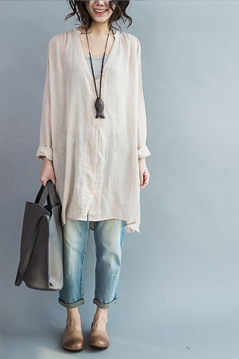 loose dress shirt women Loose-Fit Collared Button-Up Shirt CF506