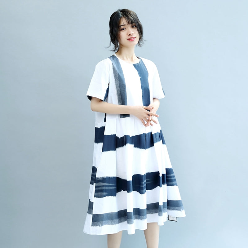 Round Neck Blue White Wide Stripe Women Summer Cotton Casual Loose Fitting Dresses