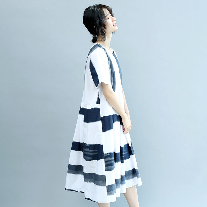 green emerald velvet dress Round Neck Blue White Wide Stripe Women Summer Cotton Casual Loose Fit–  FantasyLinen