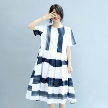 Load image into Gallery viewer, Round Neck Blue White Wide Stripe Women Summer Cotton Casual Loose Fitting Dresses