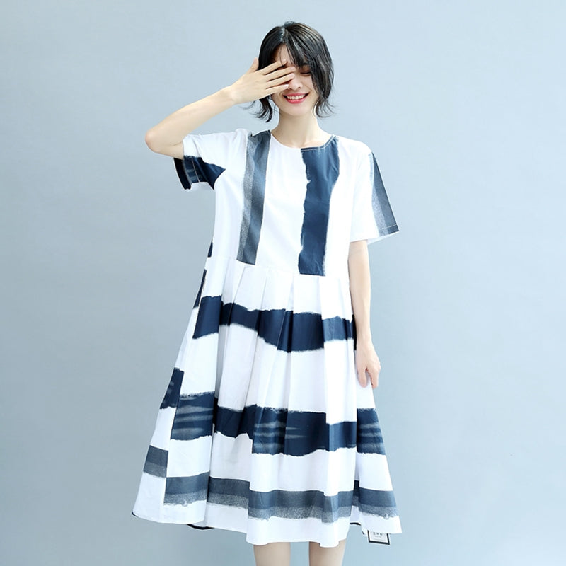 fitted lace wedding dress Round Neck Blue White Wide Stripe Women Summer Cotton Casual Loose Fit–  FantasyLinen