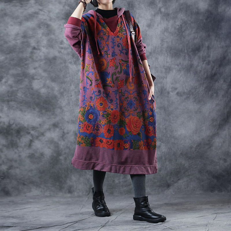 Vintage Loose Hoodie Print Long Fleece Dresses For Women W3370– FantasyLinen