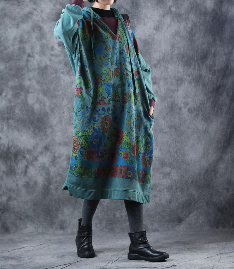 Vintage Loose Hoodie Print Long Fleece Dresses For Women W3370– FantasyLinen