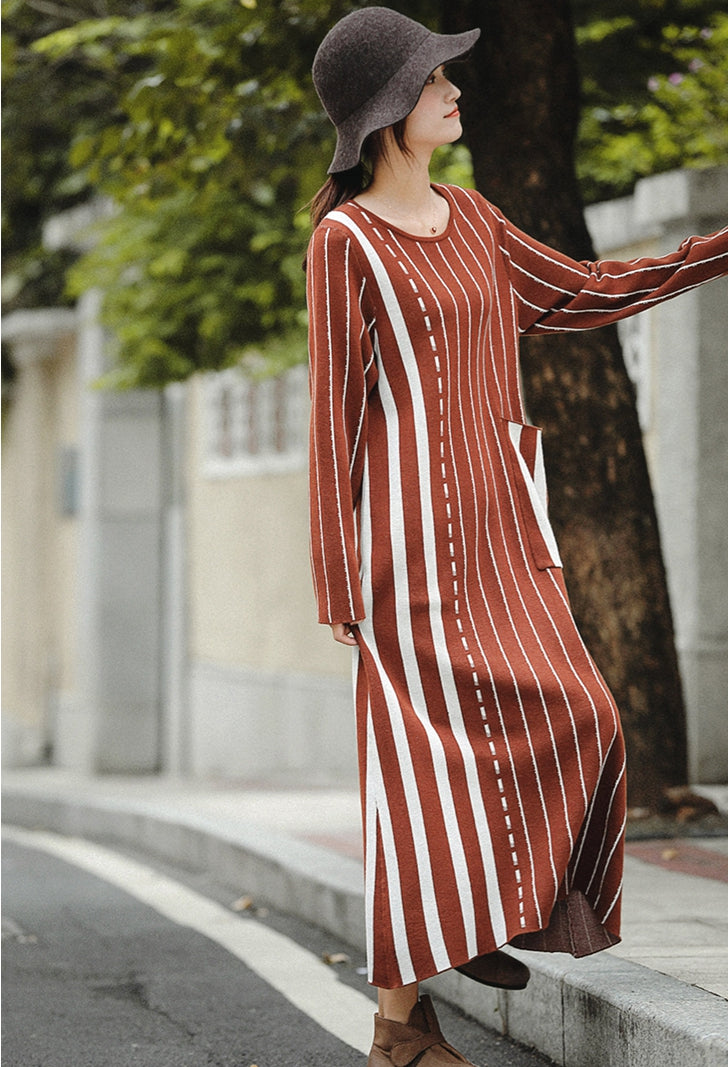 red and brown striped sweater dress Vintage Brown Striped Maxi Sweater Dresses For Women Z81044