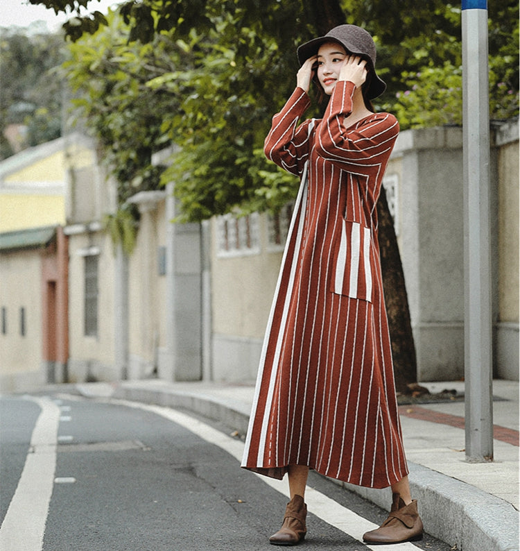 Vintage Brown Striped Maxi Sweater Dresses For Women Z81044 Vintage Brown Striped Maxi Sweater Dresses For Women Z81044