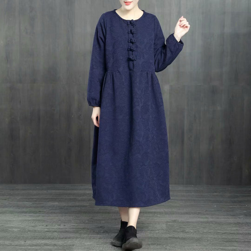 Chinese Style Loose Cotton Linen Brushed Dresses For Women 1363 M / Dark Blue