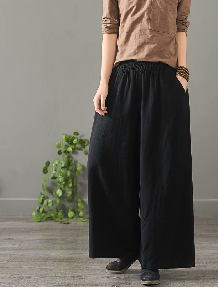 Women Vintage Pure Color Cotton Linen Wide Leg Pants 1389