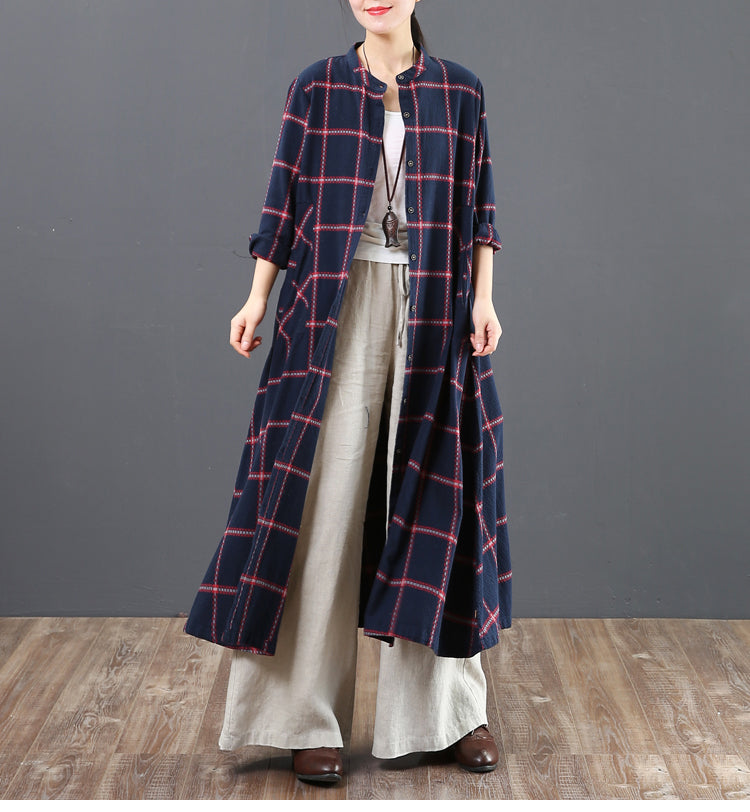 Fashion A Linen Cotton Plaid Shirt Dresses for Women 6205 S / Blue