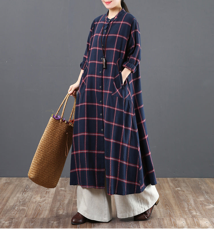 Fashion A Linen Cotton Plaid Shirt Dresses for Women 6205 S / Blue Fashion A Linen Cotton Plaid Shirt Dresses for Women 6205 S / Blue